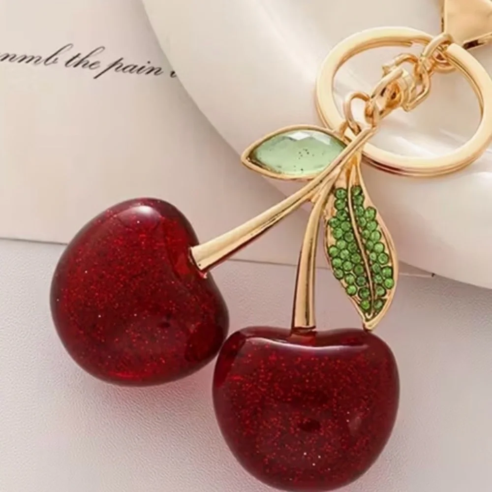 Cherry Keychain with Green Leaves & Gold - Red Accents